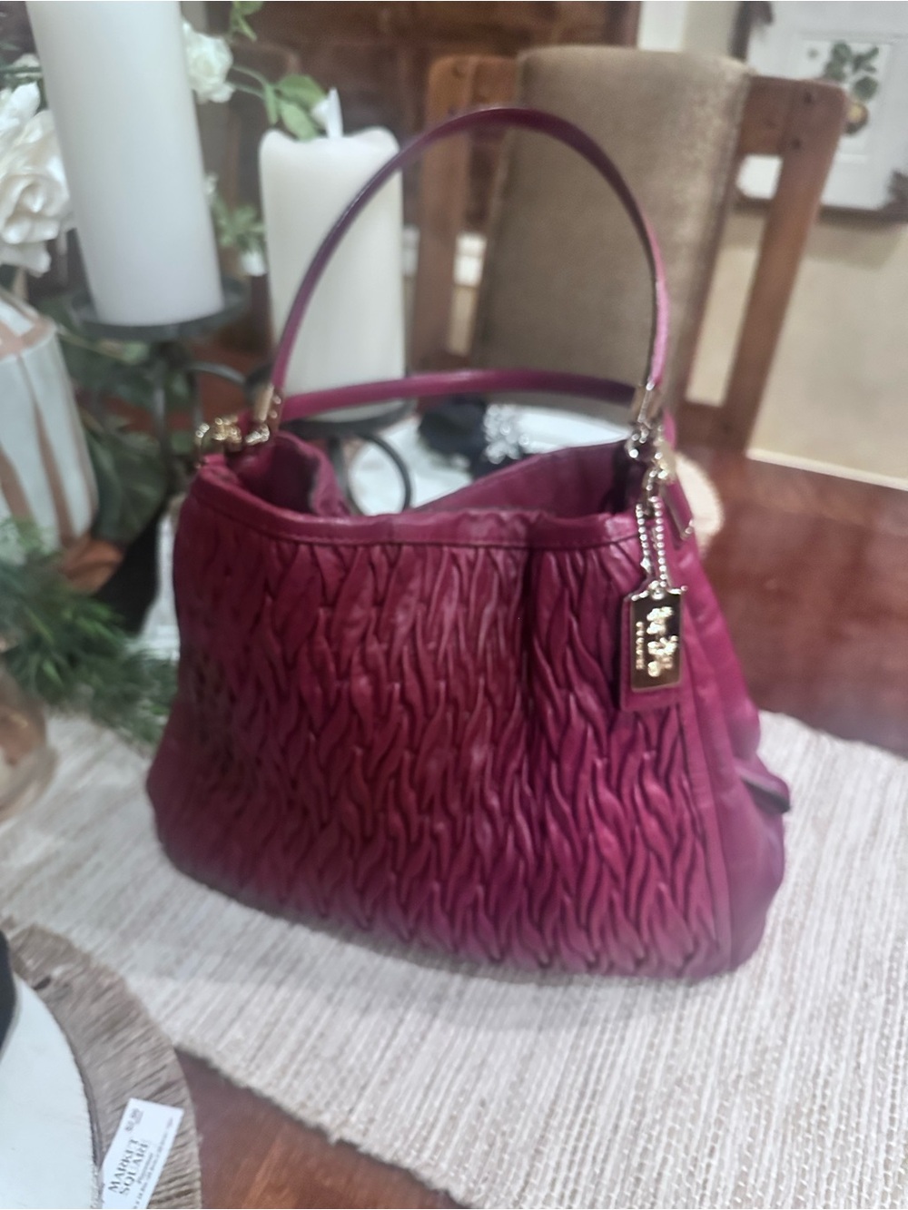 Coach Burgundy Ruched Shoulder Bag with Gold Charm